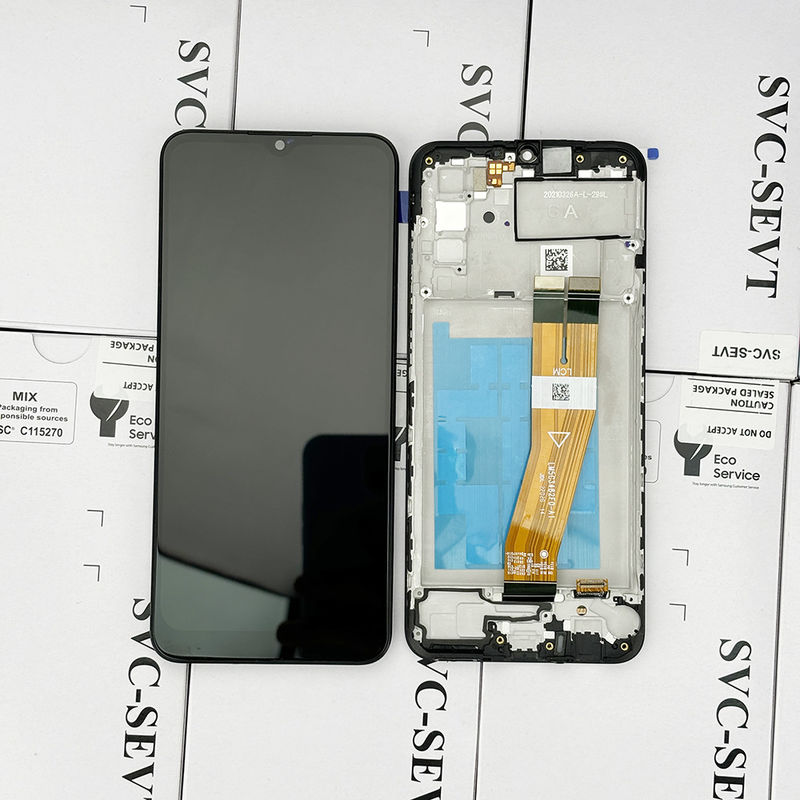 100% Ελεγχόμενη QC A02S LCD Αντικατάσταση Αντικατάστατη Τσάντα Πακέτο Μαύρη κινητή οθόνη LCD